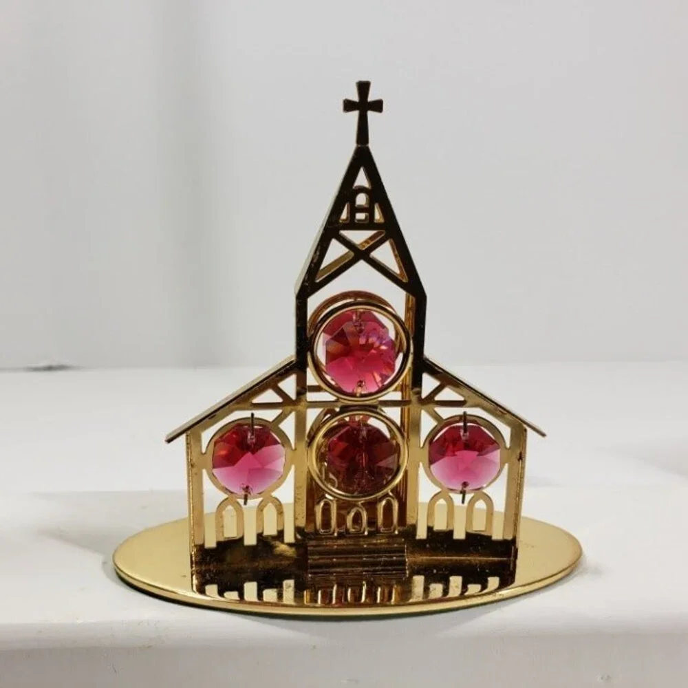 Vintage Crystal Delight 24K Gold Plated Church Figurine Pink Crystal Windows